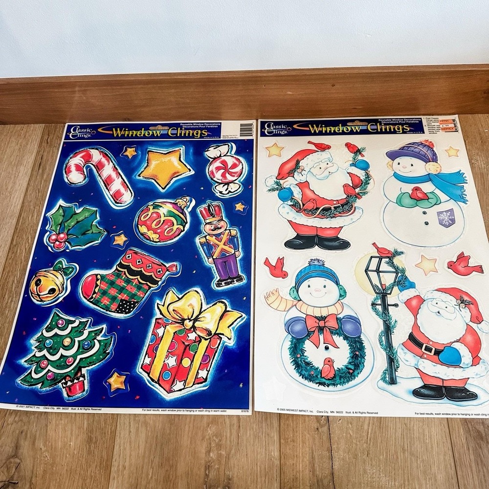 VTG 2000's (2) Christmas‎ Window Clings Decals Santa Snowman Present Candy Cane